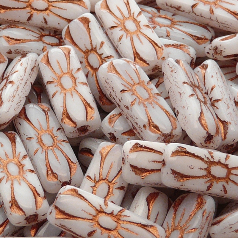 8pcs Czech Pressed Glass Rectangular Beads with Floral Motif 20x8mm Alabaster Bronze Fired Color