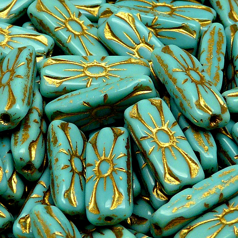 8pcs Czech Pressed Glass Rectangular Beads with Floral Motif 20x8mm Opaque Turquoise Green Golden Fired Color