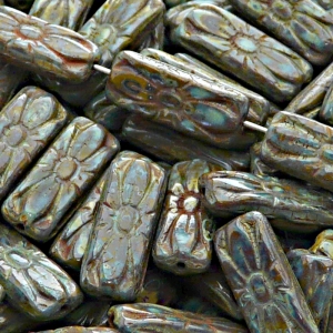 8pcs Czech Pressed Glass Rectangular Beads with Floral Motif 20x8mm Opaque Olivine Travertin