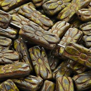 8pcs Czech Pressed Glass Rectangular Beads with Floral Motif 20x8mm Opaque Olivine Travertin Bronze Fired Color