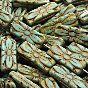 8pcs Czech Pressed Glass Rectangular Beads with Floral Motif 20x8mm Opaque Turquoise Green Travertin Bronze Fired Color