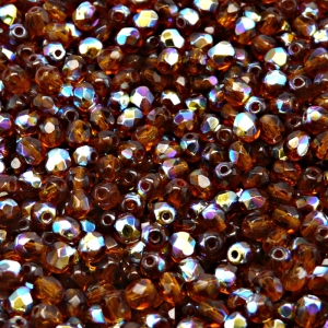 100pcs Czech Fire Polished Faceted Glass Beads Round 4mm Dark Topaz AB
