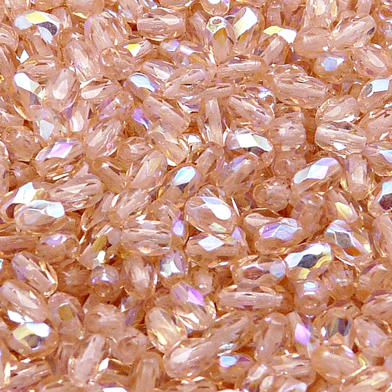 50pcs Czech Fire Polished Faceted Glass Olive Beads 6x4mm Rosaline AB
