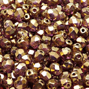 50pcs Czech Fire Polished Faceted Glass Beads Round 6mm Crystal Violet Gold Luster