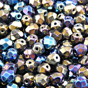 50pcs Czech Fire Polished Faceted Glass Beads Round 6mm Jet Rainbow Iris