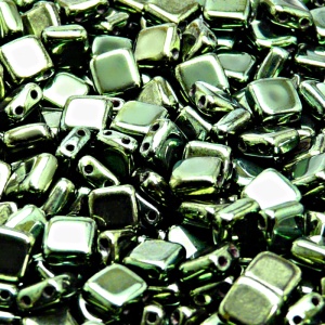 40pcs Czech Two Hole Pressed Glass Tile Beads 6mm Jet Green Look
