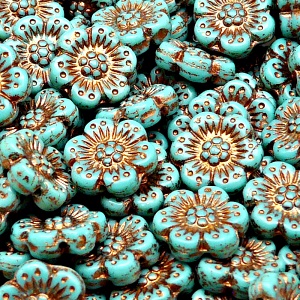 8pcs Czech Pressed Glass Flat Flower Beads 14mm Opaque Turquoise Green Bronze Fired Color