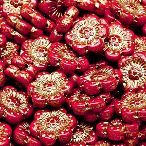 8pcs Czech Pressed Glass Flat Flower Beads 14mm Opaque Red Coral Golden Fired Color