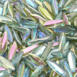 30pcs Czech Pressed Glass Dagger Beads 5x16mm Crystal Green Rainbow