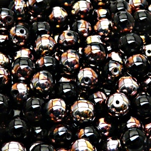 25pcs Czech Pressed Glass Round Beads 8mm Jet Gold Capri