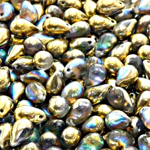 30pcs Czech Pressed Glass Teardrop Beads 6x9mm Crystal Golden Rainbow
