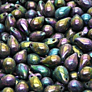 30pcs Czech Pressed Glass Teardrop Beads 6x9mm Jet Red Iris