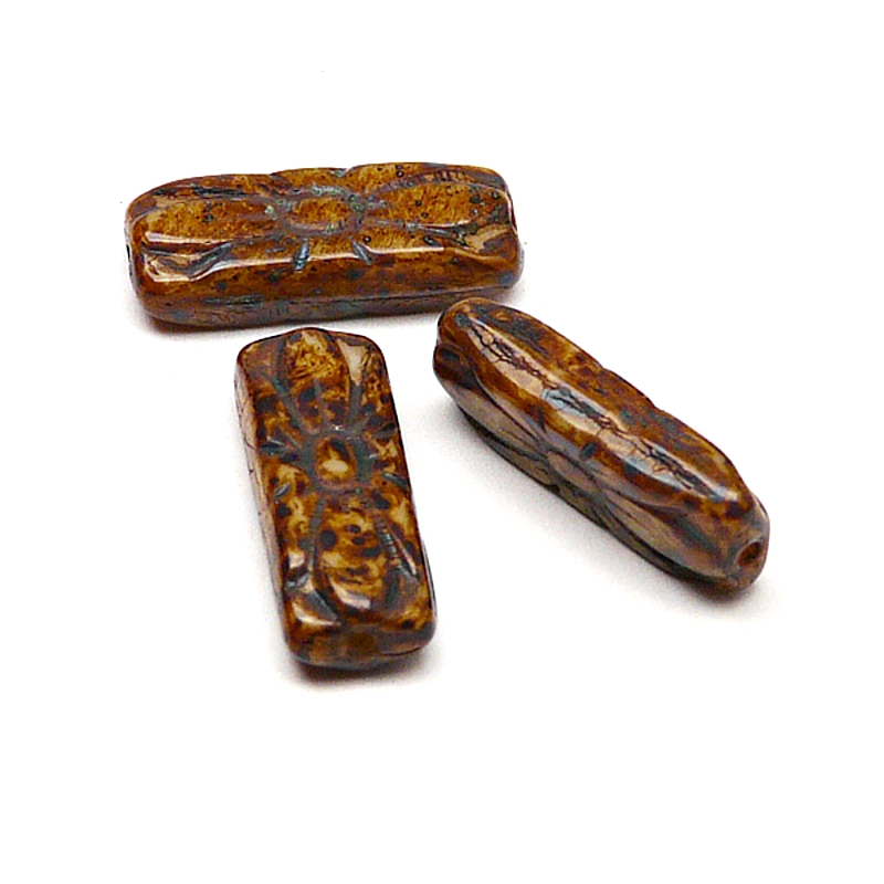 8pcs Czech Pressed Glass Rectangular Beads with Floral Motif 20x8mm Opaque Beige Travertin Red Fired Color